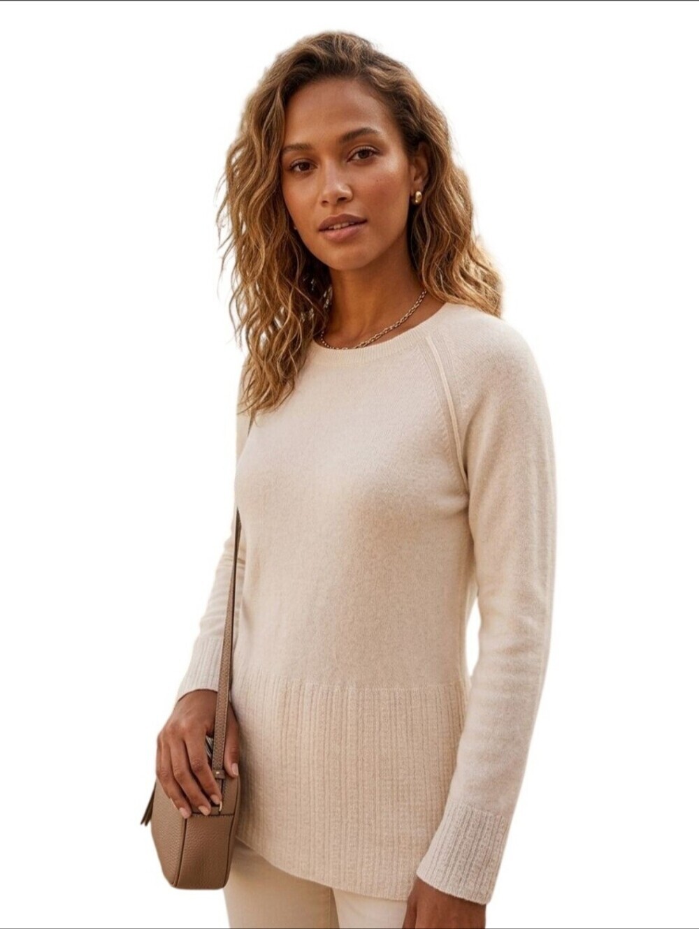 St. Tropez Neutral Cream 100% Cashmere Waffle Knit Detail Tunic Sweater Size M